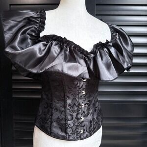Whimsigoth Brocade Corset Top with Satin Bust Ruffle Boning & Laces Large Black